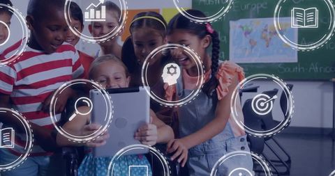 Diverse students collaborating on tablet with digital learning icons in classroom