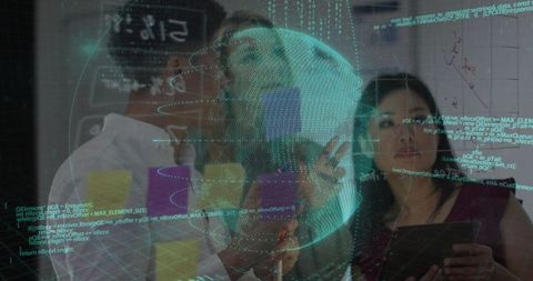 Innovative Professionals Analyzing Holographic Earth in Modern Office