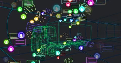 Futuristic Truck in Digital Network with Chat Bubbles