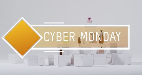 Cyber Monday Text Sign on White Boxed Gifts Background