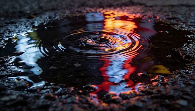Neon ripples reflecting on rain puddle creating vibrant urban night reflections