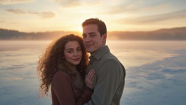 Romantic couple embracing on frozen lake at sunset