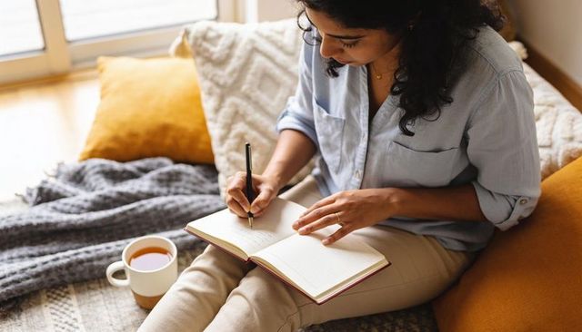 Indian woman journaling on sofa with tea and cozy pillows in sunlit living room