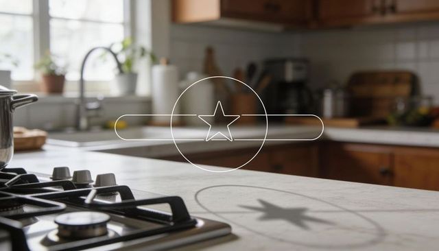 Home kitchen gas cooktop stainless steel pot heating on marble countertop, star overlay