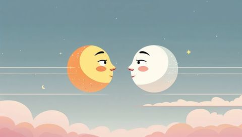 Whimsical sun and moon lovers meeting in twilight fantasy sky