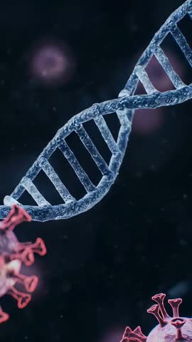 Vertical video showing rotating DNA helix near viral particles, glowing molecular spiral
