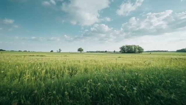Swaying green grassland under dramatic cloud sky with distant solitary trees and grove