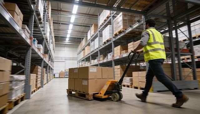 Warehouse worker transporting pallet of labeled boxes on pallet jack in distribution hub