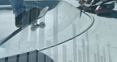 Skateboard launching over concrete bowl with skaters balancing and financial graph overlay