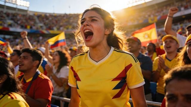 Young woman cheering in colombian soccer crowd during golden hour stadium celebration