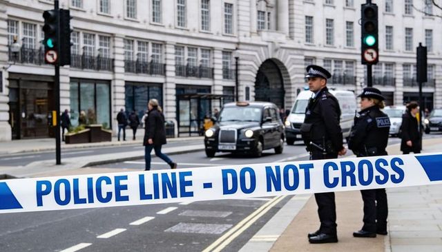 Police cordoning city street with police line do not cross tape and uniformed officers