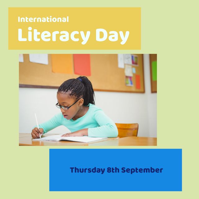 African american girl in classroom with international literacy day and thursday 8th september text. Digital composite, copy space, knowledge, reading, writing, learning and awareness concept.