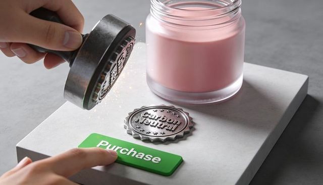 Carbon neutral seal being stamped on pedestal with green purchase button and pink glass jar