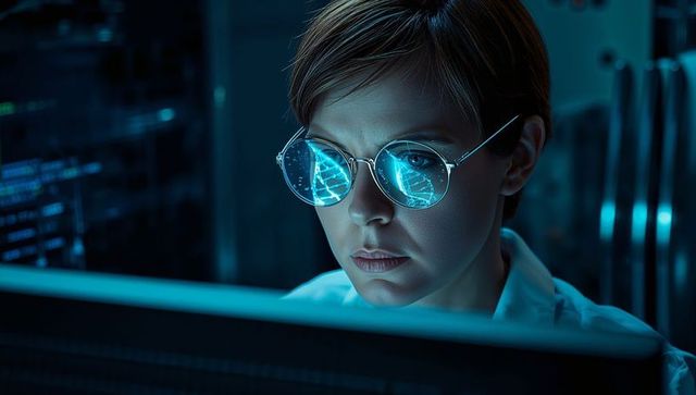 Focused Woman Analyzing Data on Monitor in Futuristic Server Room