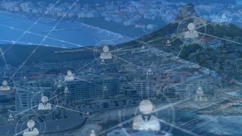 Digital Network Overlay on Coastal Cityscape