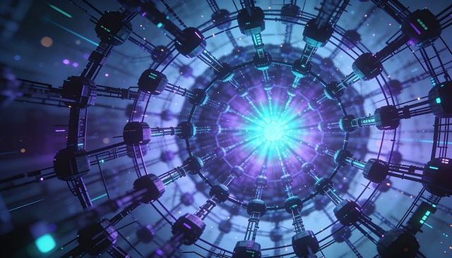 Pulsing central energy core radiating through neon ring lattice with cubic node network