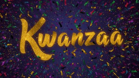 Golden Kwanzaa Script with Multicolor Confetti and Sparkling Festive Typography