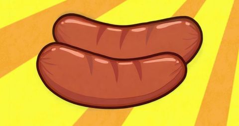 Grilled sausages illustration on vibrant sunburst background