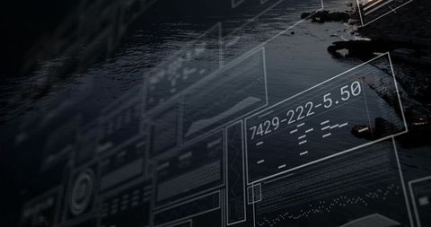 Futuristic digital interface over oceanscape at dawn