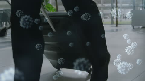 Businessman Moving with Suitcase Amidst Virus Cells Overlay