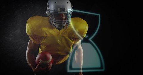 Focused football player holding ball with neon hourglass