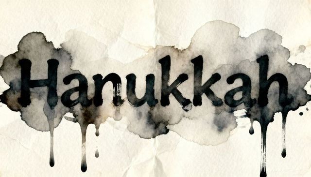 Hand-painted Hanukkah Lettering with Ink Wash Drips on Textured Cream Paper