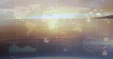Global Technology Interface with World Map at Sunset
