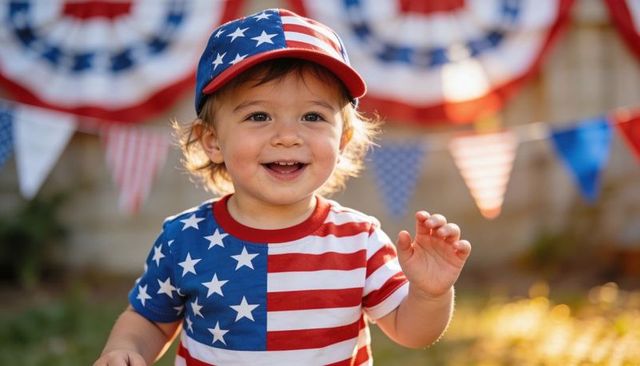 Smiling toddler in american flag shirt and cap celebrating independence day outdoors