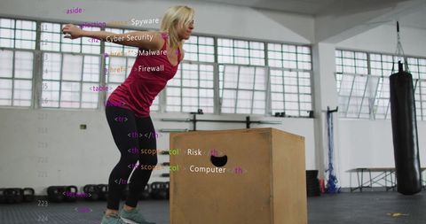 Woman Exercising with Digital Data Overlay in Gym