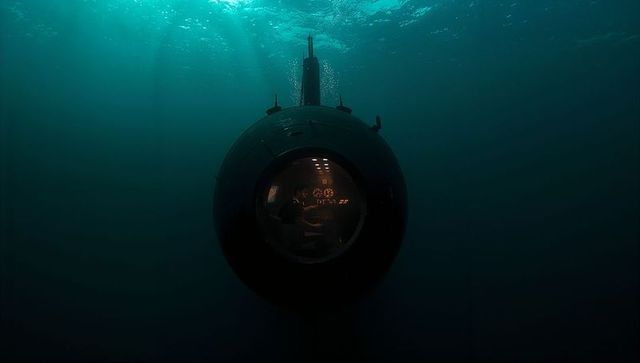 Solitary Submersible Cockpit Revealing Pilot at Porthole with Moody Deep Sea Glow