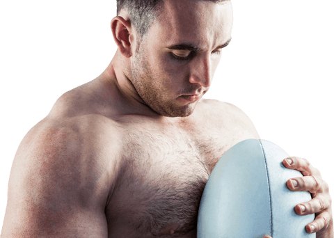 Transparent view of shirtless rugby player with ball