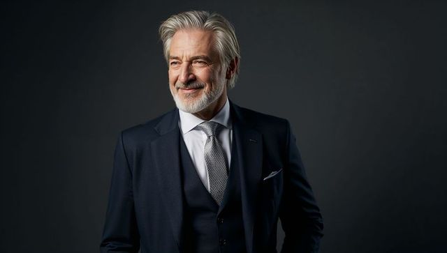 Confident Male Senior in Dark Formal Suit Posed in Studio