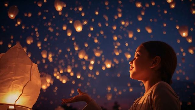 Girl Releasing Sky Lanterns at Twilight Cultural Festival