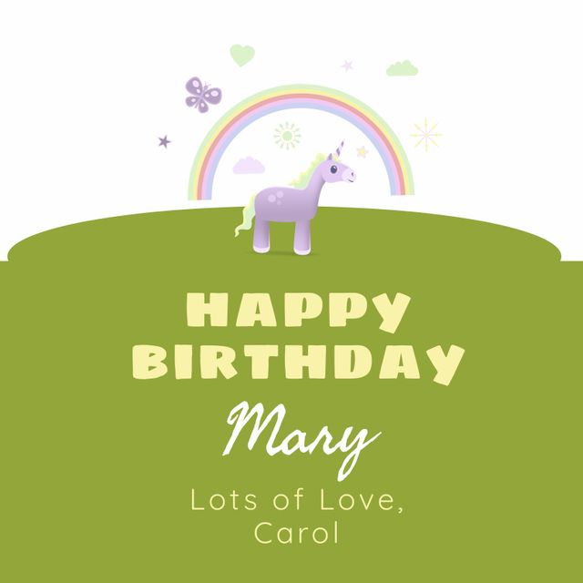 Whimsical birthday greeting card featuring a cute unicorn with a rainbow and butterflies on a green background. Ideal for children's birthday celebrations, fantasy-themed events, and personalized greeting cards. Use this design to add a touch of magic and joy to any special occasion.