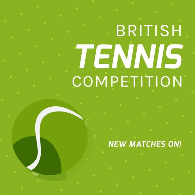 Illustrative image of british tennis competition with new matches on text and tennis ball with dots. green background, copy space, vector, sport, championship and competition concept.