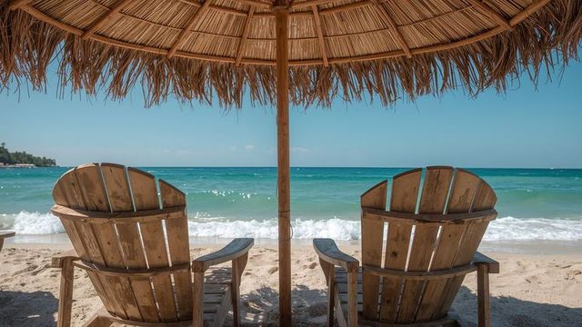 Tropical Serenity with Wooden Lounge Chairs and Ocean View