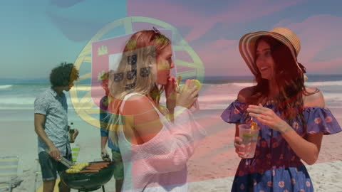 Friends Enjoying a Beach Day with Portuguese Flag Overlay