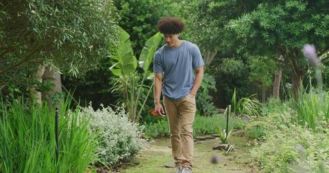 Young Man Relaxing Walk in Lush Garden Surrounded by Vegetation