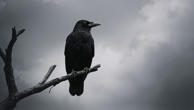 Solitary Black Crow Perched on Gnarled Branch Under Overcast Sky