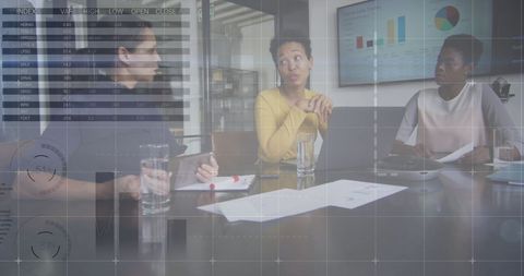 Digital Interface Over Colleagues Discussing Global Business Strategy