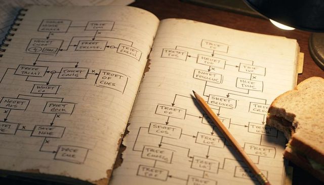 Open notebook with hand-drawn flowcharts, pencil and sandwich on warm wooden desk lighting