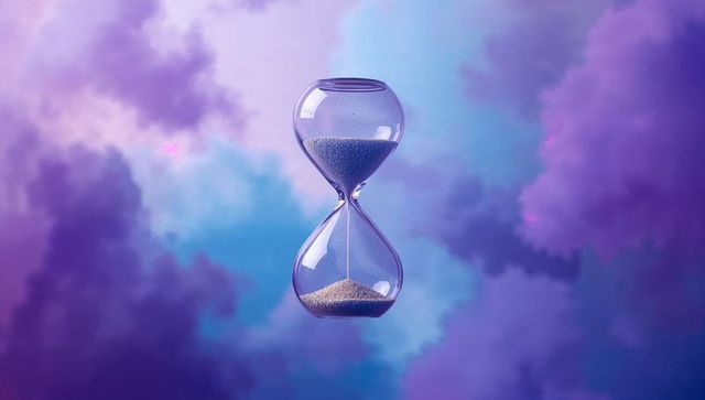 Hourglass floating against dreamy purple cloud skies