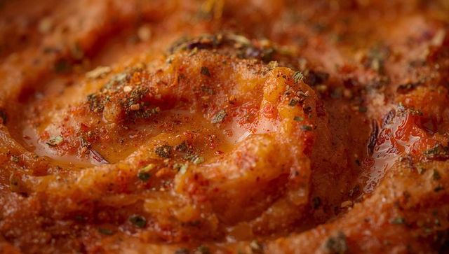 Seasoned roasted pepper puree swirl macro texture with paprika herbs and oil glaze