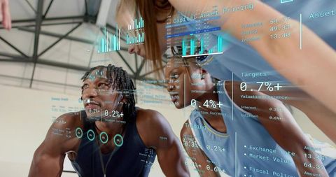 Sports team analyzing augmented reality performance and financial dashboards in training