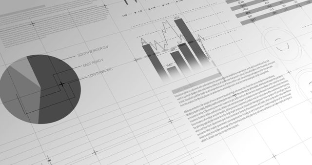 Depicting a detailed financial analysis with various graphs and charts on a gray background, this stock photo is perfect for presentations, business reports, corporate brochures, or any material related to data analysis and economic insights. The scene includes pie and bar charts showing analytical data, useful for enhancing lectures, workshops, and educational content.