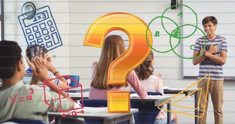 Student Presenting with Math and Science Graphic Elements in Classroom