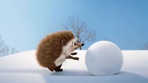 Tiny hedgehog pushing giant snowball down snowy hill playful winter cartoon animation