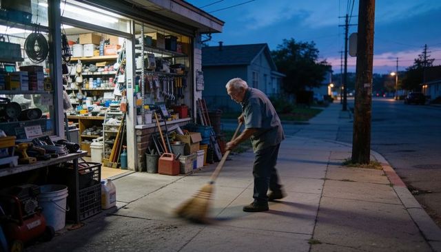 Senior owner sweeping sidewalk outside local hardware store at dusk