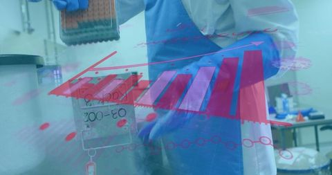 Scientist in Lab Interacting with Digital Statistical Interface on Research