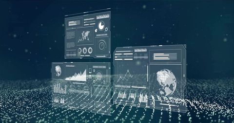 Holographic Data Dashboards with Pixel Globe Above Dotted Matrix for Futuristic Analytics